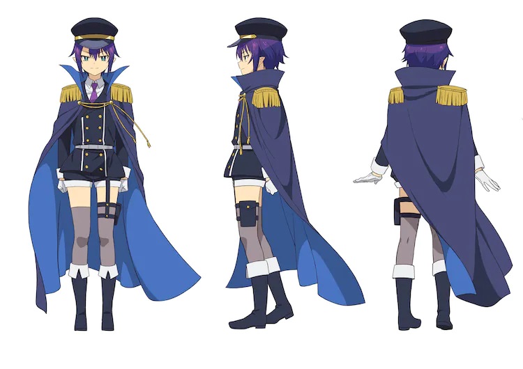 A character setting of Saurva, a high ranking demon from the upcoming The Great Jahy Will Not Be Defeated! TV anime. Saurva appears as a slender young woman with purple hair, green eyes, and pointed ears. She wears a military uniform with a cap and a cape.