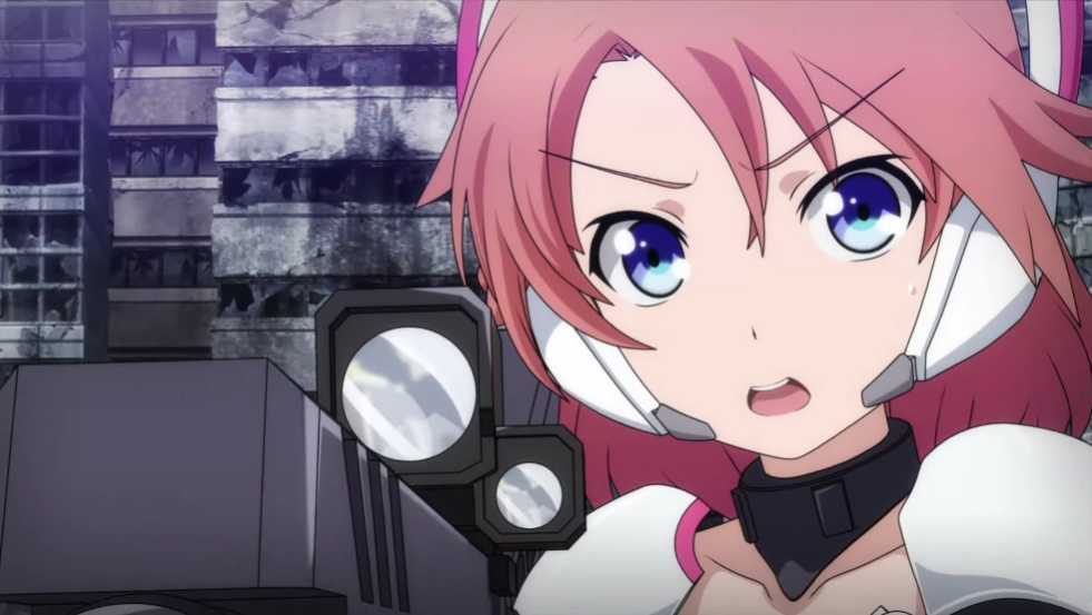 Riko expresses frustration as her shots fail to hit the enemy in a scene from the upcoming Soukou Musume Senki TV anime.