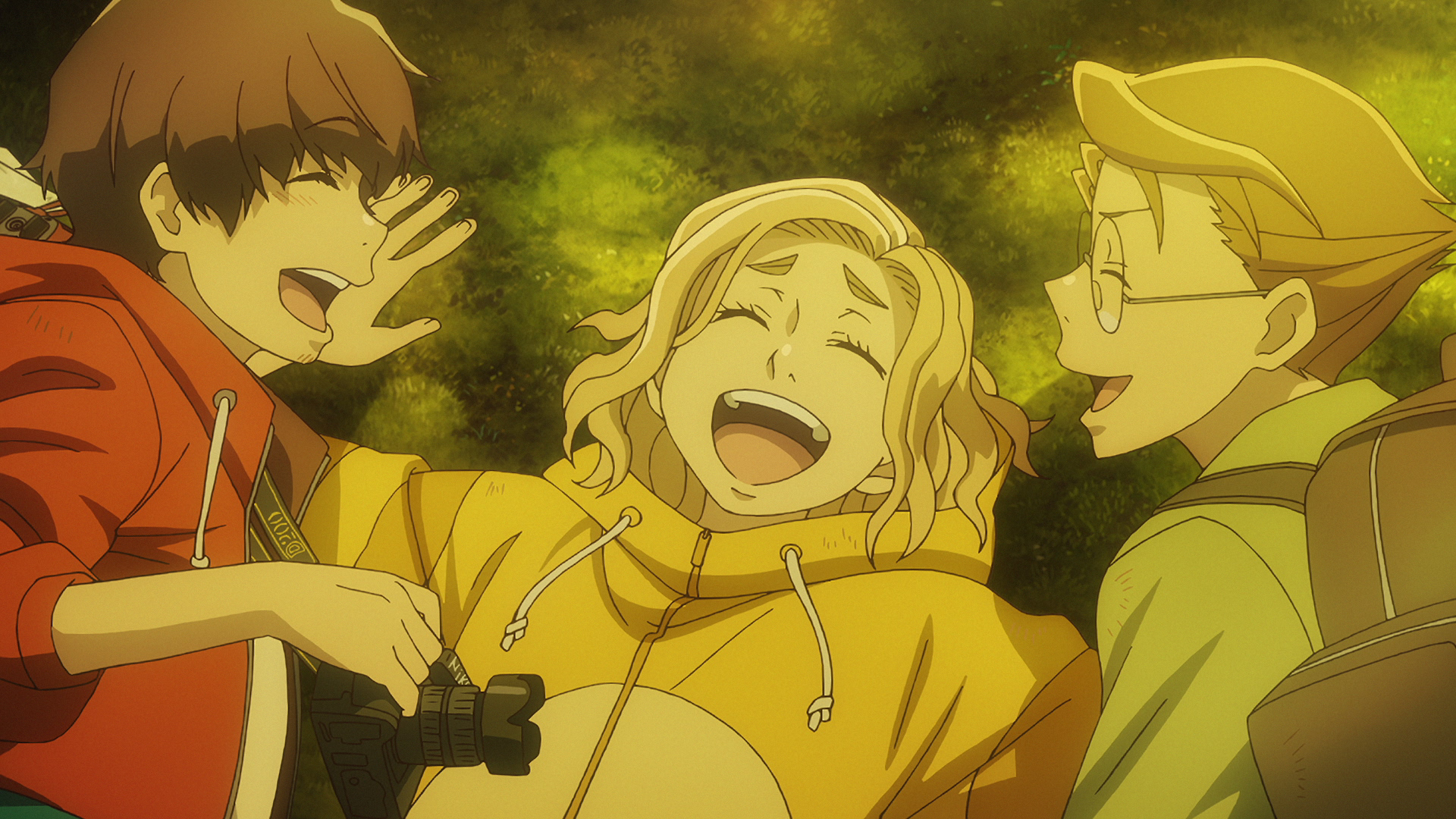 Roma, Toto, and Drop share a moment of laughter in the shady woods in a scene from the 2022 theatrical anime film Goodbye, Don Glees!.