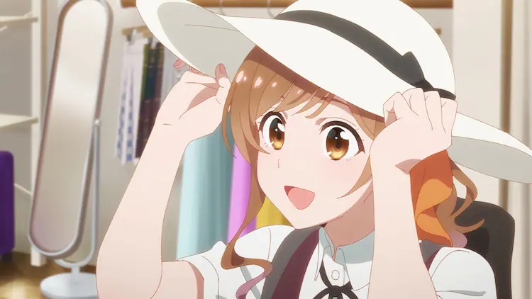 Idol candidate and SELECTION PROJECT contestant Suzune Miyama tries on a large sun hat in a scene from the upcoming SELECTION PROJECT TV anime.