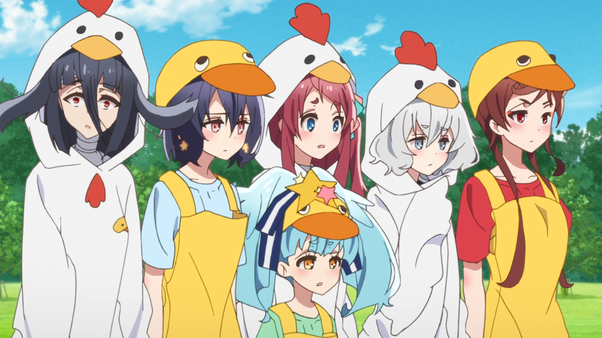 While wearing chicken costumes, the girls of Franchouchou are underwhelmed by Saki Nikaido's motivational speech in a scene from the ZOMBIE LAND SAGA TV anime.