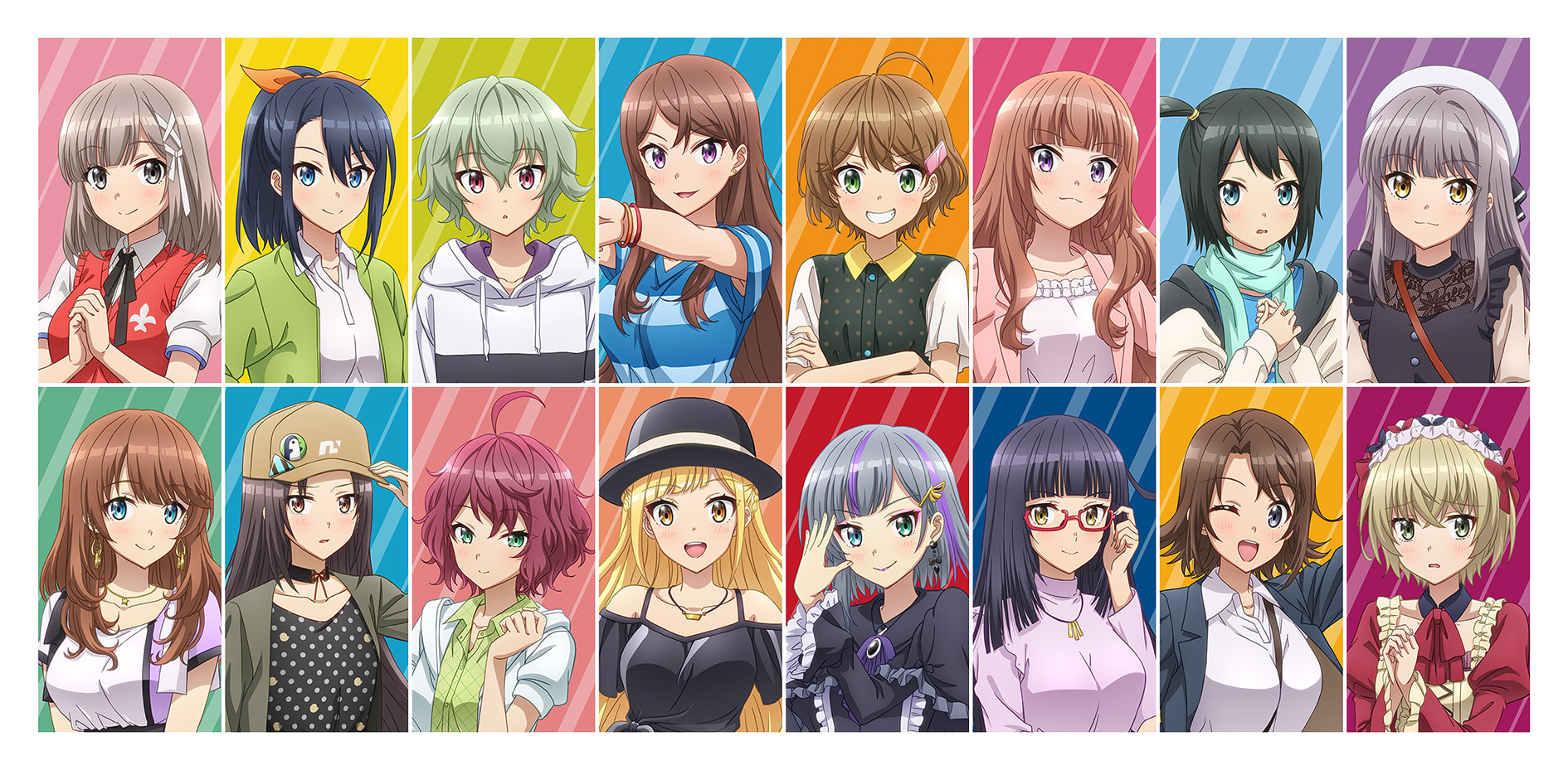A key visual for the upcoming CUE! TV anime, featuring headshots of the 16 main girls who work as aspiring voice actors.