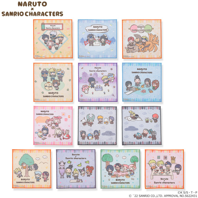 A promotional image depicting all 13 mini-towel varieties from the Naruto x Sanrio Characters collaboration.