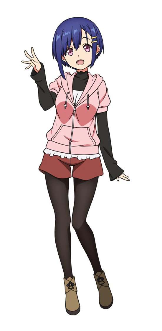 Eine Charaktereinstellung von Aki Shino, einer jungen Frau mit kurzen blauen Haaren und rosa Augen, gekleidet in einen rosa Pullover, Shorts und Strümpfe aus dem kommenden TV-Anime Bokutachi no Remake.