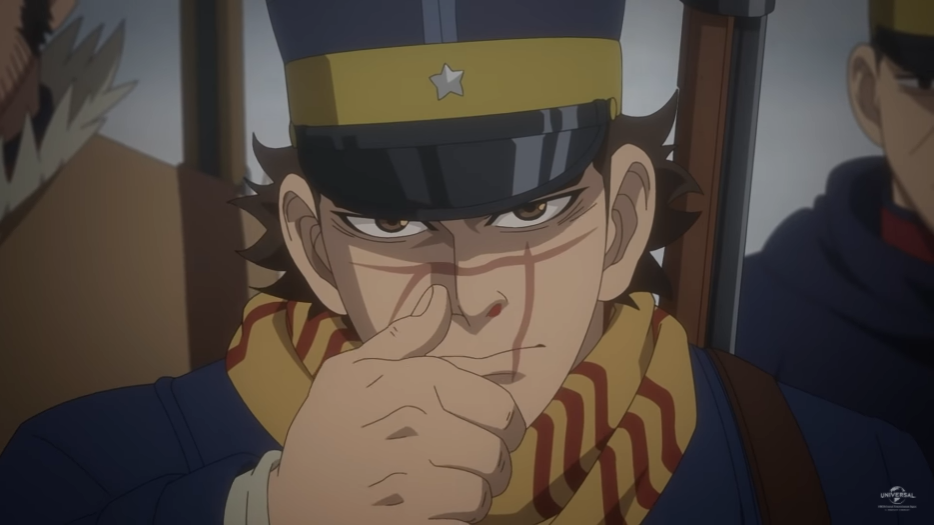 "Immortal" Sugimoto prepares to clear blood from his nostrils in a scene from the trailer for the third season of the Golden Kamuy TV anime.