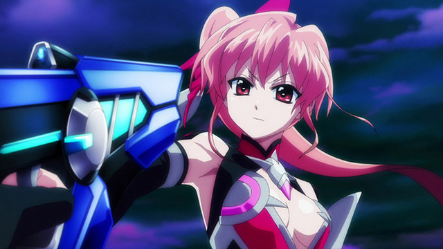 A magical girl brandishes a weapon in a scene from the Magical Girl Lyrical Nanoha: Detonation anime theatrical film.