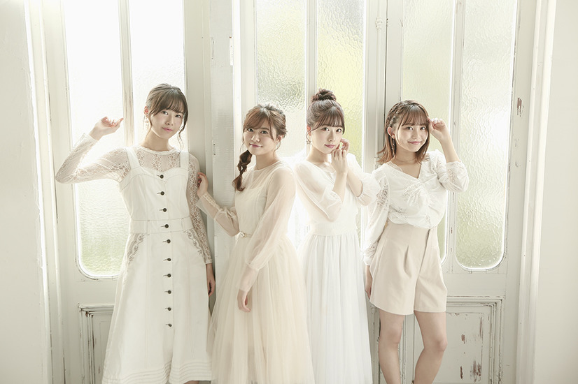 A promotional image for the Healer Girls anisong vocal unit, composed of Karin Isobe, Marina Horiuchi, Akane Kumada, and Chihaya Yoshitake.