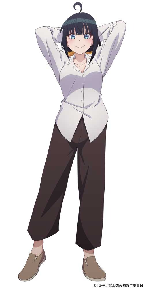 Eine Charaktereinstellung von Nashiko Jippensha aus dem kommenden TV-Anime „Pon no Michi“.  Pai ist eine schlanke junge Dame mit schwarzem Haar, einer markanten Spucklocke und blauen Augen.  Sie trägt ein weißes Herrenhemd, dunkelbraune Hosen und hellbraune Slipper.