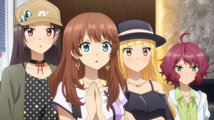  Four members of the AiRBLUE voice acting agency seem daunted by a new project in a scene from the CUE! TV anime.