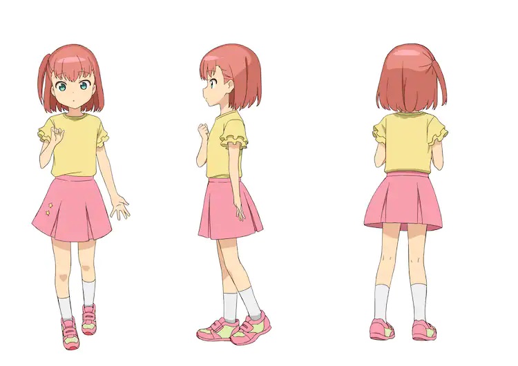 A character setting of Kokoro from the upcoming The Great Jahy Will Not Be Defeated! TV anime. Kokoro is a young girl with green eyes and shoulder-length red hair arranged in a side ponytail. She wears a yellow blouse and a pink skirt as well as pink and yellow sneakers.