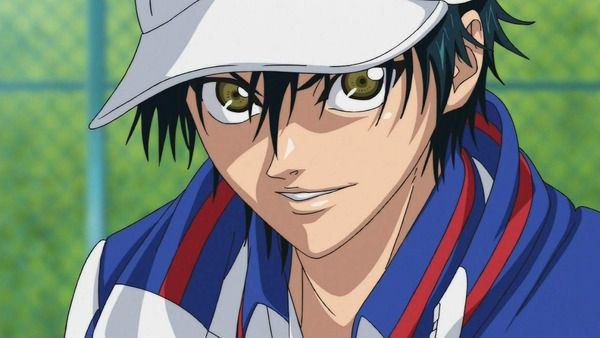 Ryoma Echizen flashes a cocky smirk in a scene from The Prince of Tennis TV anime.