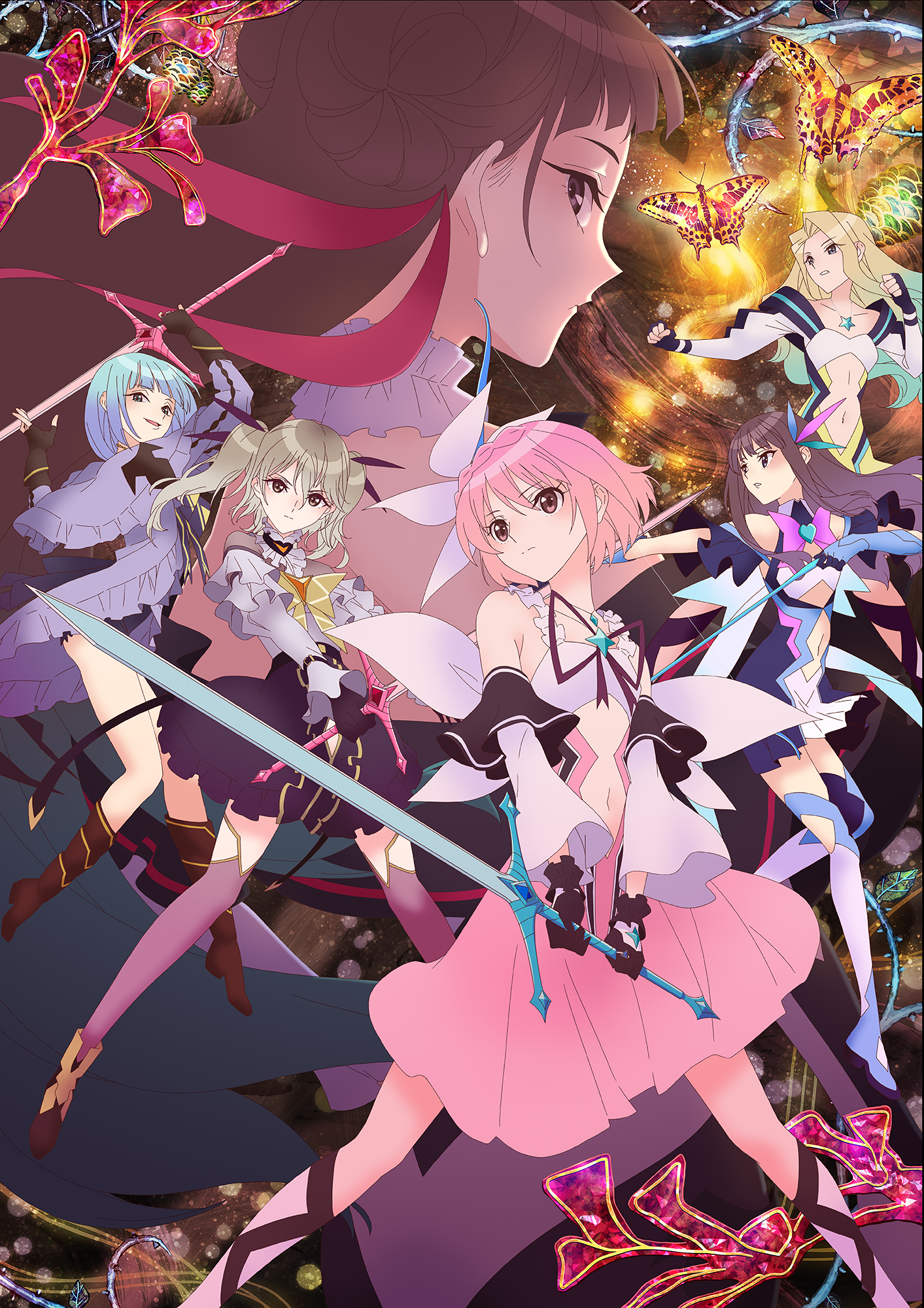 Una imagen clave para el próximo anime de Blue Reflector Ray TV, con los 6 personajes principales posando en su "Reflector" formas de batalla de chicas mágicas.