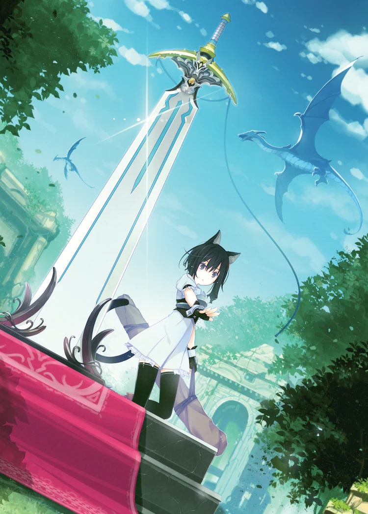 A key visual for the upcoming Reincarnated as a Sword TV anime featuring Fran, a catgirl adventurer, discovering Master, a magical sword, in an overgrown ruin while dragons wheel about in the skies overhead.