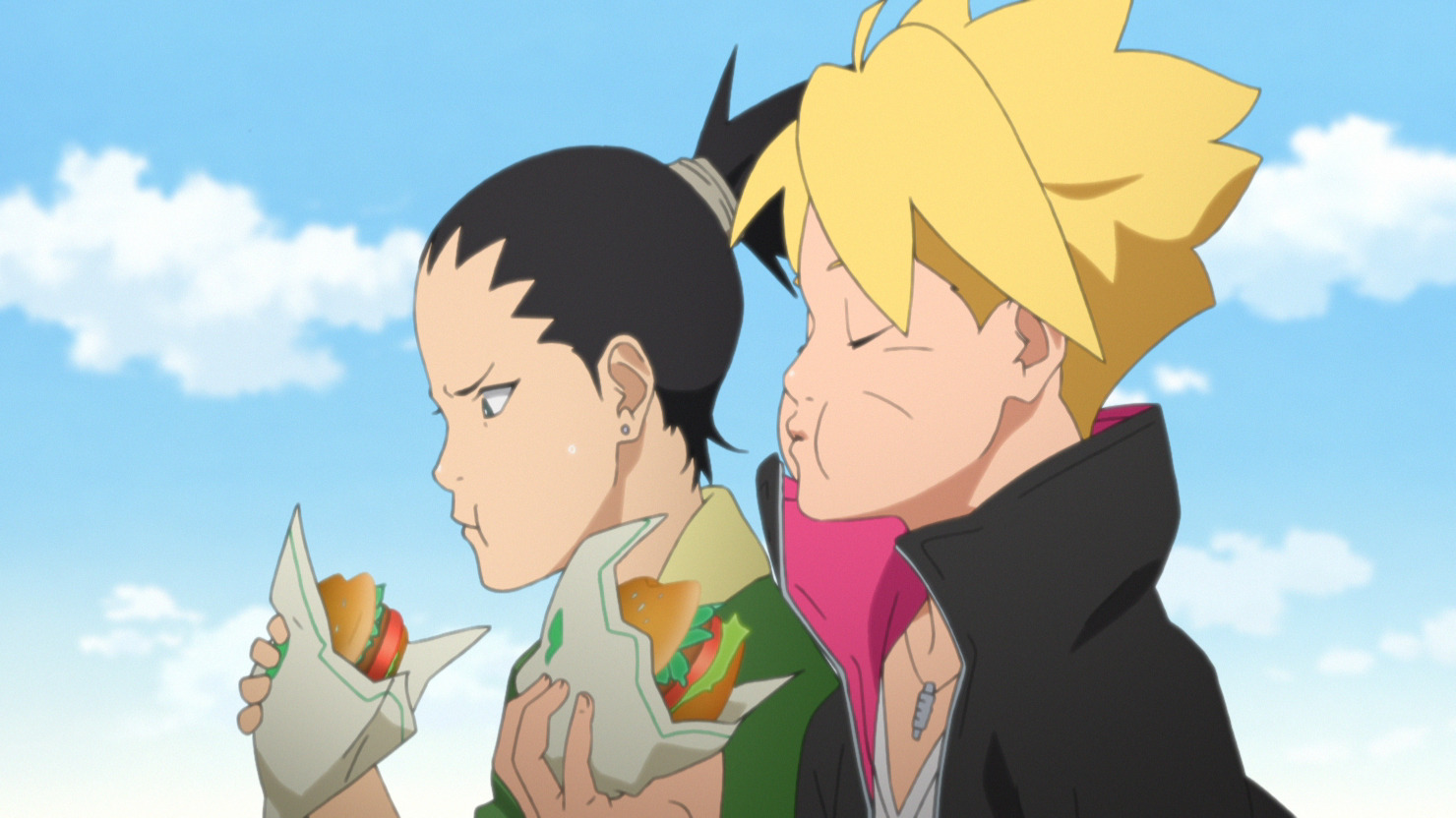 Boruto Holding a Green Chili Hamburger in Boruto: Naruto Next Generations