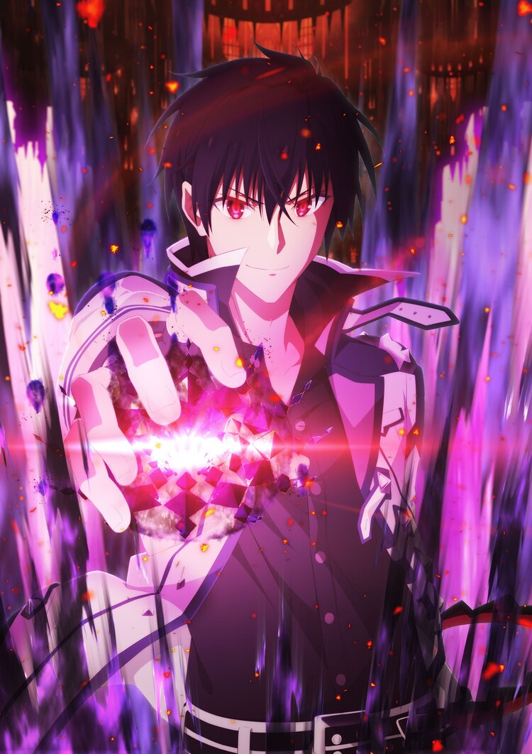 A teaser visual for the upcoming second season of The Misfit of Demon King Academy TV anime, featuring the main character, Anos Voidigoad, summoning dark and powerful magic into his outstretched hand while a wicked smirk crosses his lips and his red eyes gleam.