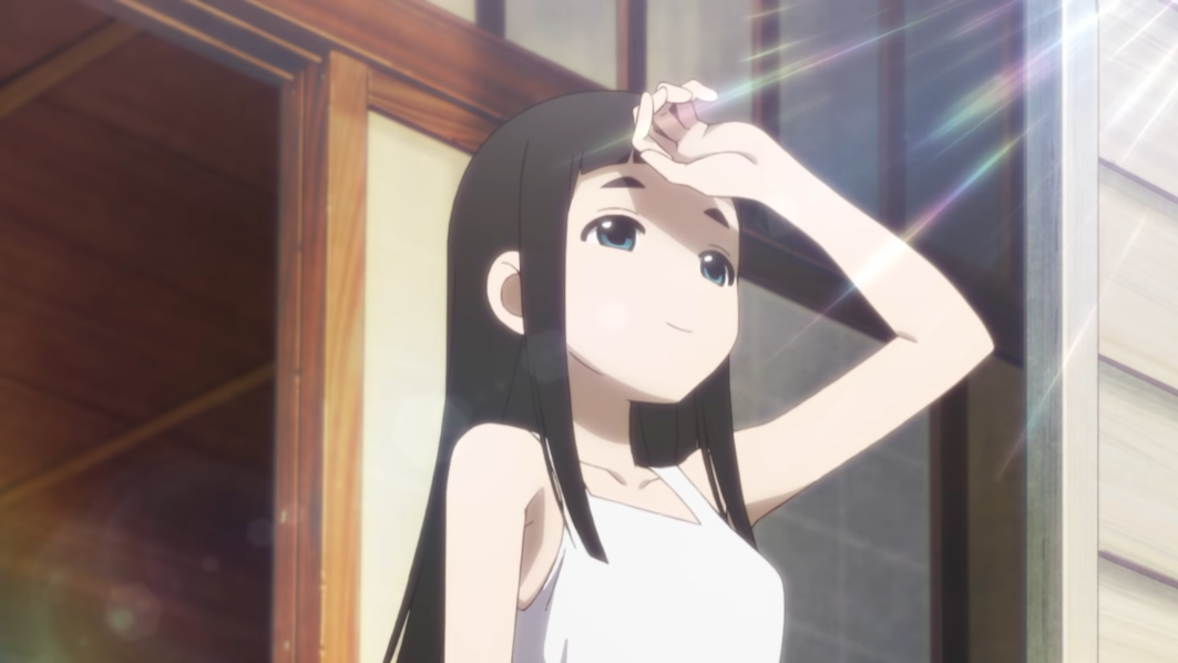 Hime Goto shades her eyes and smiles wistfully in the morning light in a scene from the upcoming Kakushigoto theatrical anime film.