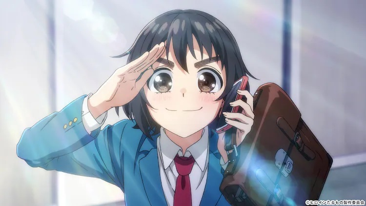 Heroine Hiyori Suzuka faces her school day with a jaunty salute while holding her smartphone and bag in the opposite hand in a scene from the upcoming Heroine Tarumono! ~Kiraware Heroine to Naishou no Oshigoto~ TV anime. 