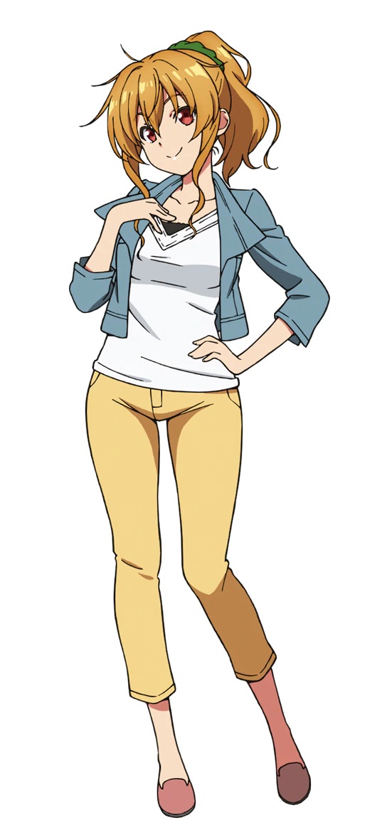 A character setting of Nanako Kogure, a young woman with auburn hair drawn back in a ponytail and orange eyes dressed in a light jacket, slacks, and a V-neck T-shirt from the upcoming Bokutachi no Remake TV anime.