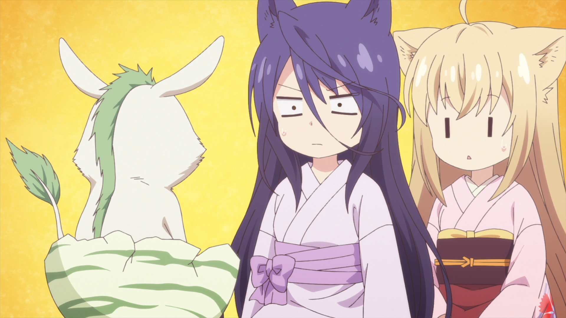 Satsuki and Yuzu are flabbergasted when Urinosuke, an infant nightmare-eating spirit known as a baku, hatches from an egg in a scene from the KONOHANA KITAN TV anime.