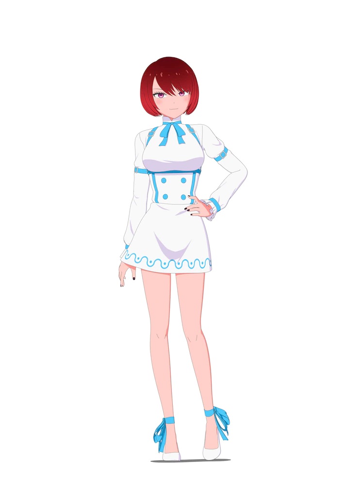 A character setting for Caph from the upcoming The Duke of Death and His Maid TV anime. Caph appears as a buxom young woman with short red hair and pink eyes, and she wears a white and blue blouse and mini-skirt skirt combo with white high heels and blue ribbons tied around her ankles. Her fingernails are painted black.