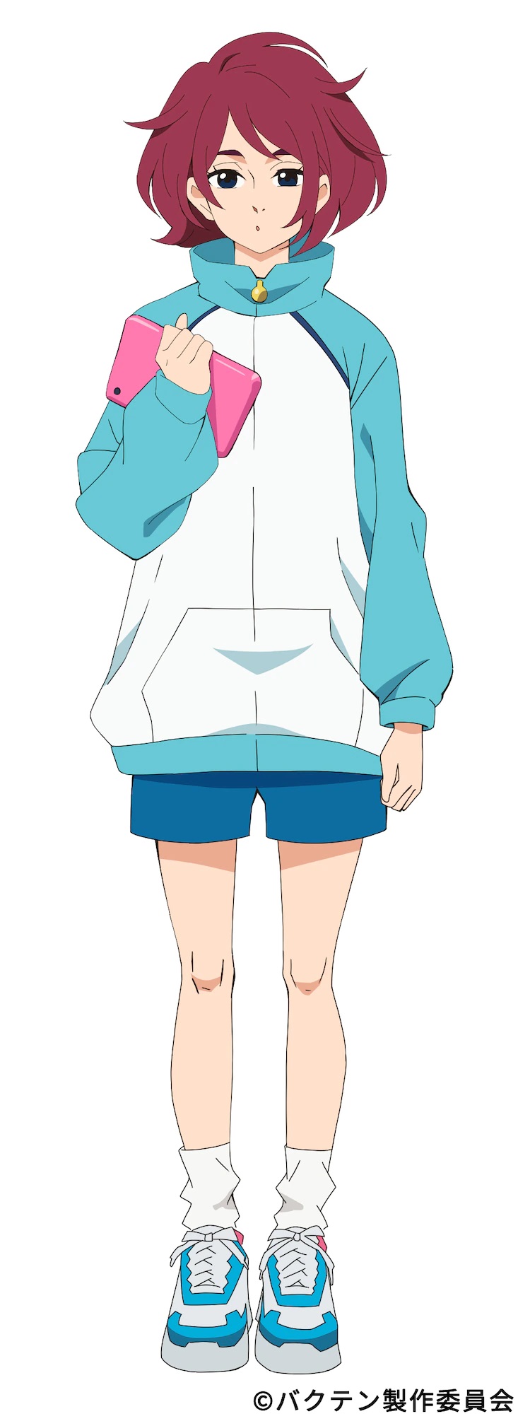 ¡¡Un escenario de carácter para Asawo Kurikoma, el gerente del club de gimnasia rítmica masculina de Soshukan High School del próximo Bakuten !!  Anime de TV.  Asawo es una chica de cabello color burdeos y ojos azul oscuro, vestida con ropa deportiva y sosteniendo una tablet PC rosa, con una expresión impasible en su rostro.