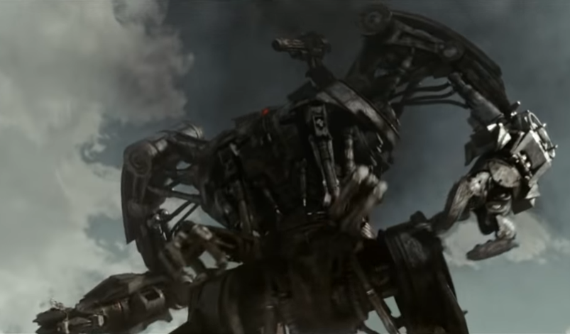 A Hunter-Killer robot looms menacingly in a scene from the trailer for the 2009 Terminator Salvation theatrical film.