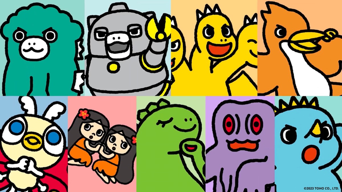 Ein Werbebild mit den Hauptdarstellern des Kurzform-TV-Anime Chibi Godzilla Raids Again, darunter: Chibi Godzilla, Chibi Mechagodzilla, Chibi Ghidorah, Chibi Rodan, Chibi Mothra, die Zwillingsfeen, Chibi Biollante, Chibi Hedorah und Chibi Anguirus.