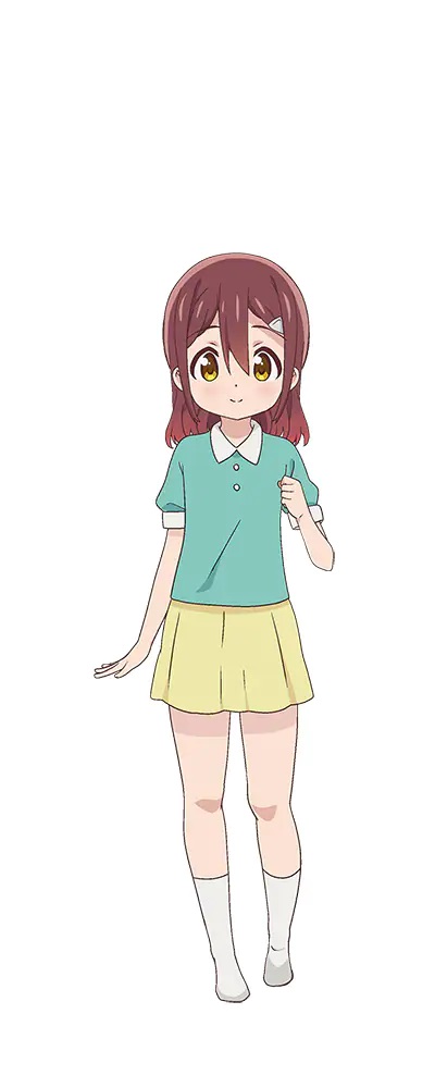A character setting of Futaba Fukumoto from the upcoming Slow Loop TV anime. Futaba is a young girl dressed in a blouse and skirt combination. She wears socks but no shoes.