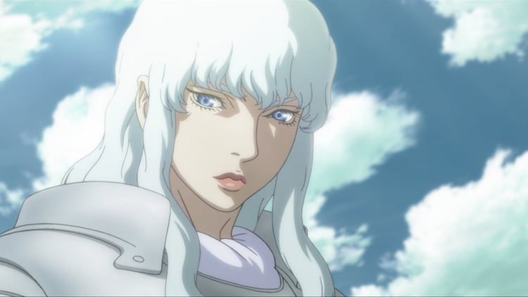 Griffith - a beautiful young knight with long white hair and blue eyes - surveys the potential of Guts - a wandering mercenary of incredible strength - in a scene from the Berserk: The Golden Age Arc Memorial Edition theatrical anime films.