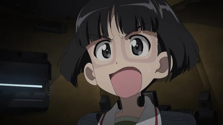 Midoriko Sono, the leader of the Mallard Team, is shocked and chagrined in a scene from the upcoming GIRLS und PANZER Das Finale Part 4 theatrical anime film. She has the out of a pair of binoculars pressed around her eyes, and he mouth is open very, very wide as she shouts.