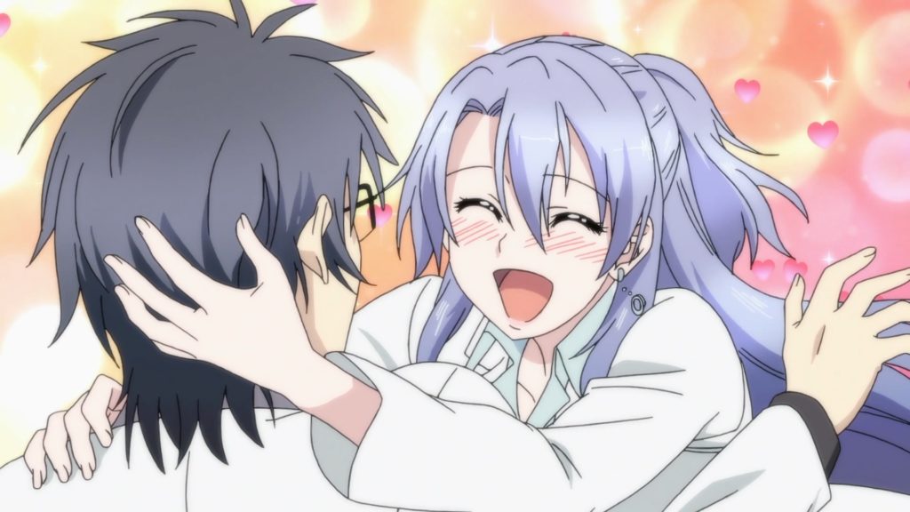 Ayame Himuro surprises her labmate Shinya Yukimura with an enthusiastic embrace in a scene from the Science Fell in Love, So I Tried to Prove It TV anime.