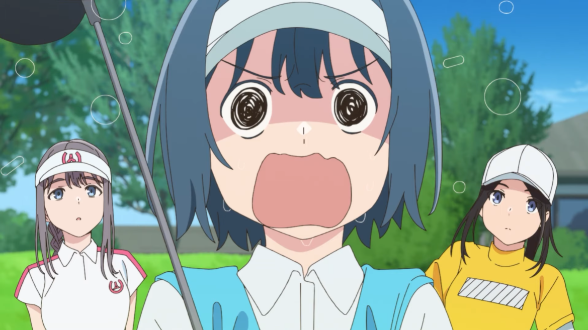 Minami screams in frustration after missing her putt while her friends Ayaka and Haruka look on in a scene from the upcoming Sorairo Utility TV anime.