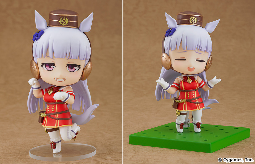 A promotional image for the upcoming Nendoroid Gold Ship toy from Good Smile Company featuring two images of Gold Ship. In one, she is striking a coquettish pose, and in another she is shrugging sarcastically.