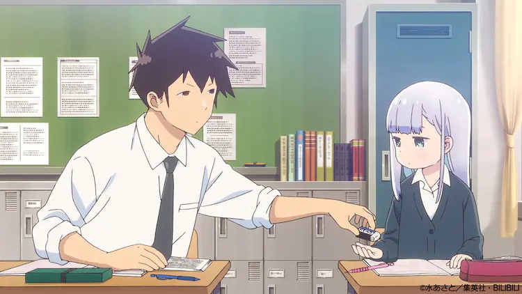 Raidou returns an eraser that Aharen had dropped in a scene from the upcoming Aharen-san wa Hakarenai TV anime.