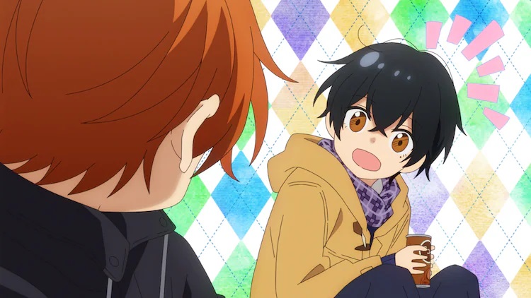 Miyano talks enthusiastically while sharing a moment and a canned coffee drink with his classmate Sasaki in a scene from the upcoming Sasaki and Miyano TV anime.
