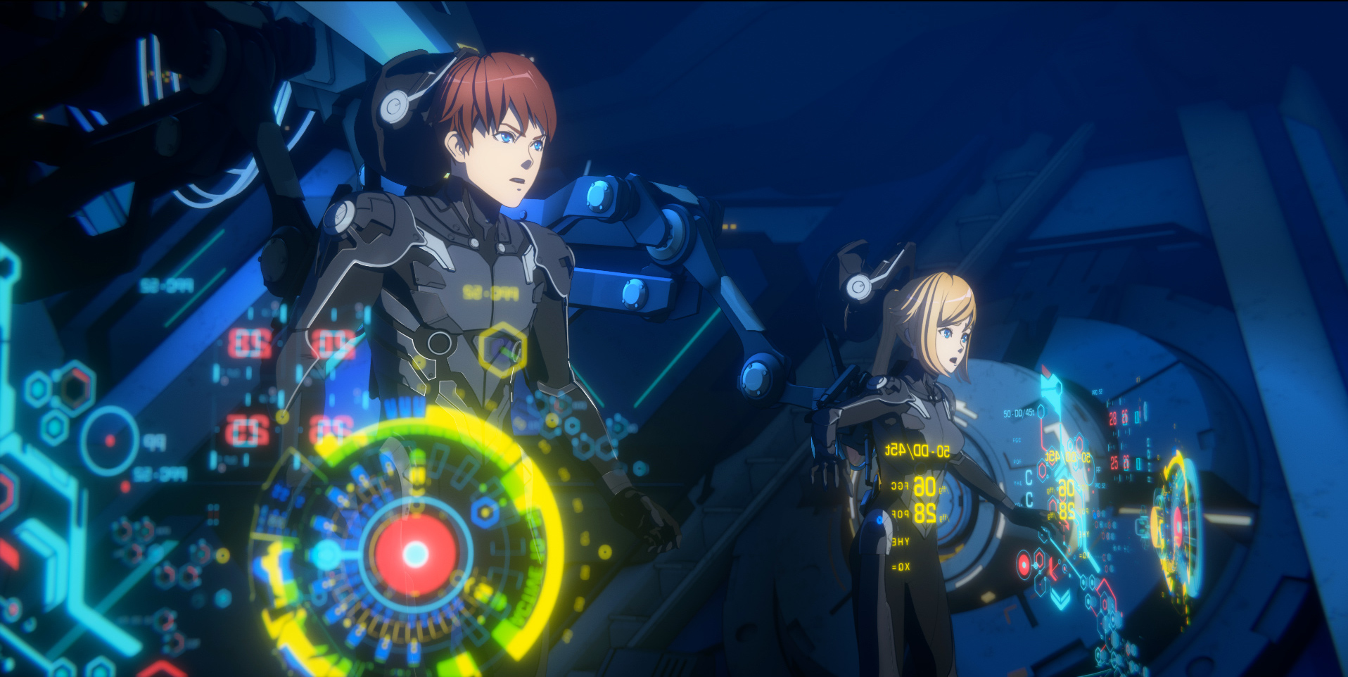 Taylor and Hayley, a brother-sister pair of mecha pilots, suit up and engage the "Drift" to pilot a Jaeger in a scene from the upcoming Pacific Rim: The Black Netflix original anime.