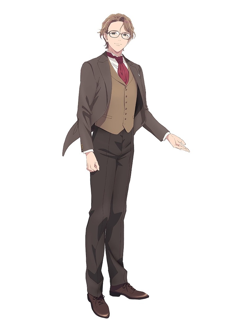 Eine Charaktereinstellung von Arata Tsuruki aus dem kommenden TV-Anime „My Happy Marriage“.  Arata ist ein schlanker junger Mann mit Brille, braunem Haar und braunen Augen.  Er trägt westliche Kleidung: einen dreiteiligen Anzug im Stil der Jahrhundertwende mit Weste, Krawatte und Slippern.  Sein Anzug ist in verschiedenen Brauntönen gehalten, während seine Krawatte in einem hellen Burgunderrot gehalten ist.