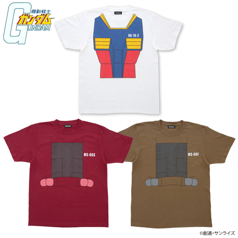 A promotional image of the BanColle! Mobile Suit Gundam MS Impersonator T-shirt line, featuring shirts that mimic the torso area of the RX-78-2 Gundam, the MS-06S custom Zaku, and the MS-06F production line Zaku.