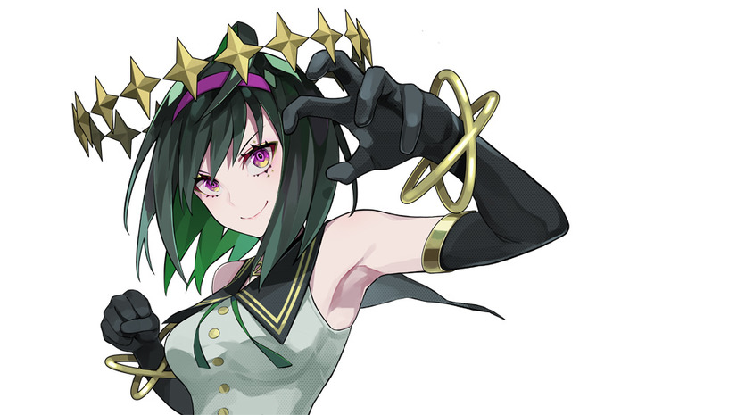 A character setting of "Jupiter", one of the heroines of the upcoming takt op. TV anime. Jupiter appears as a trim young woman with dark hair and purple eyes. She wears elbow length black gloves, a modified sailor outfit in green and black, and a halo of golden stars. 