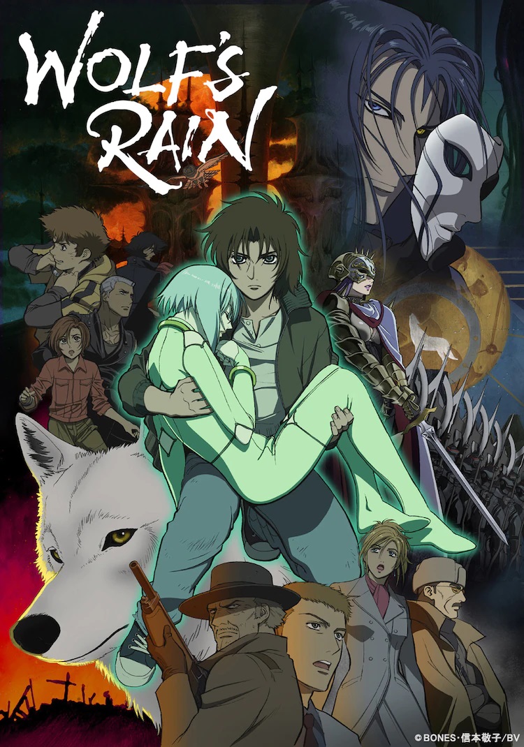 Ein Schlüsselbild für den TV-Anime WOLF'S RAIN mit den Hauptdarstellern, die dramatisch in Menschen- und Wolfsgestalt posieren.