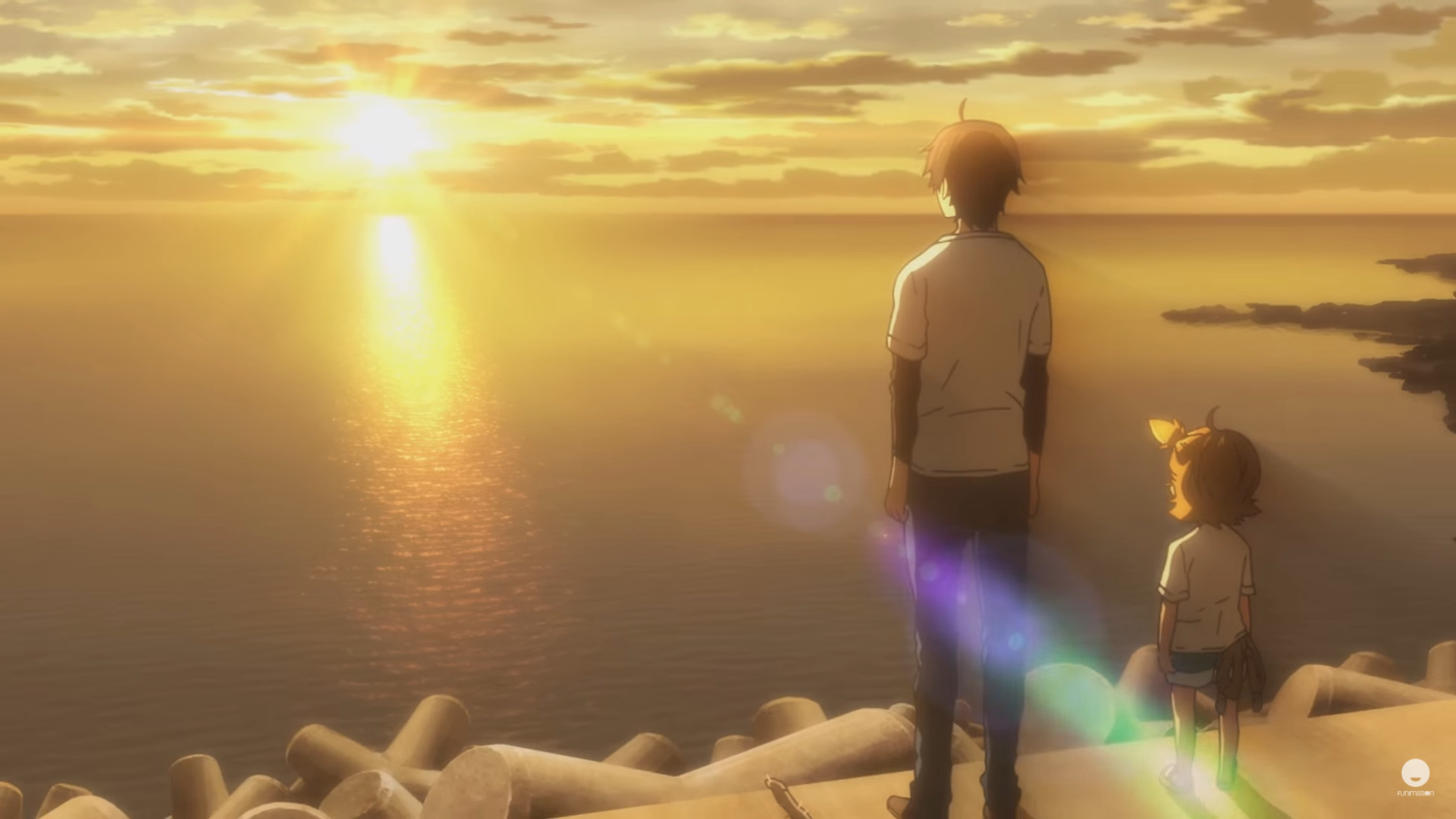 Handa und Naru beobachten den Sonnenuntergang von Barakamon