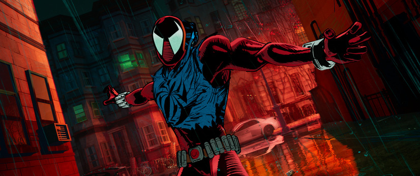 Ben Reilly, auch bekannt als Scarlet Spider, tritt in einer Szene aus dem kommenden animierten Kinofilm Spider-Man: Into the Spider-Verse in Aktion.