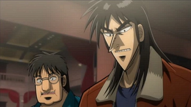 Kaiji and his impromptu allies find their plans for victory in "limited rock-paper-scissors" stymied in a scene from the Kaiji TV anime.