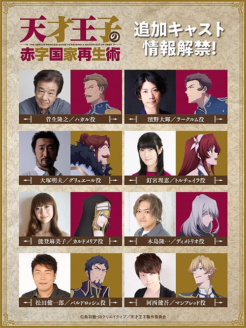 A promotional visual for the upcoming The Genius Prince's Guide to Raising a Nation Out of Debt TV anime featuring eight newly announced voice actors and their corresponding character roles. 