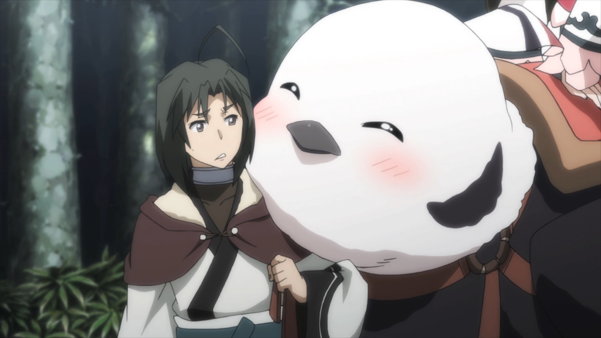 Kokopo, a pack animal resembling a horse-sized pigeon, nuzzles up to Haku in a scene from the Utawarerumono The False Faces TV anime.
