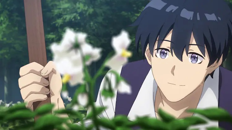 Hiraku admira sus cultivos en flor en una escena del próximo anime de televisión Farming Life in Another World.