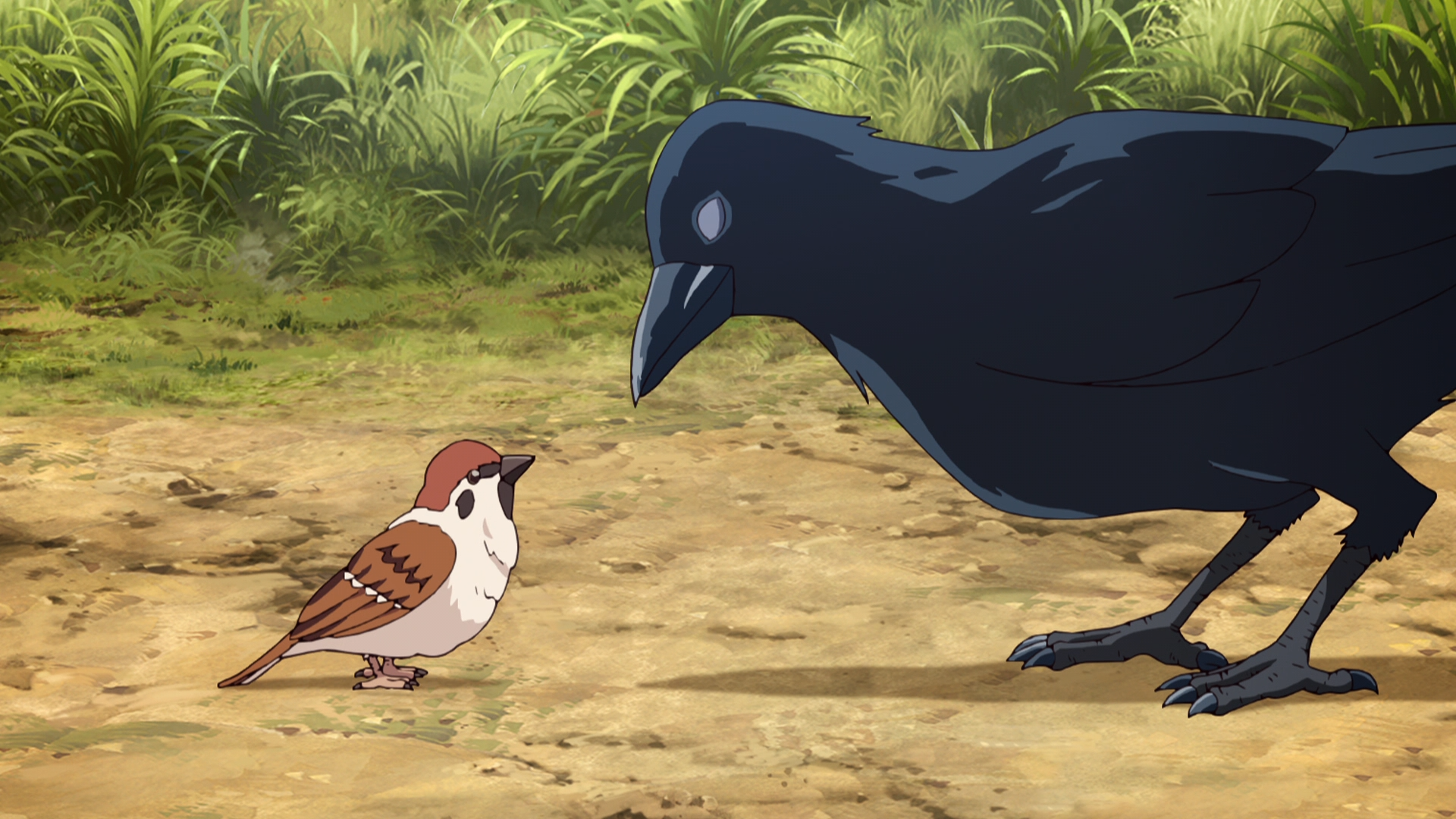 Chuntarou the Sparrow confers with a Messenger Crow in a scene from the Demon Slayer: Kimetsu no Yaiba TV anime.