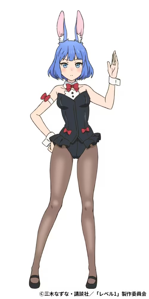 A character setting of Eve Karslieder from the upcoming My Unique Skill Makes Me OP Even at Level 1 TV anime. Even is a slender woman with blue hair, blue eyes, and bunny ears that dresses in a cabaret bunny-girl outfit.