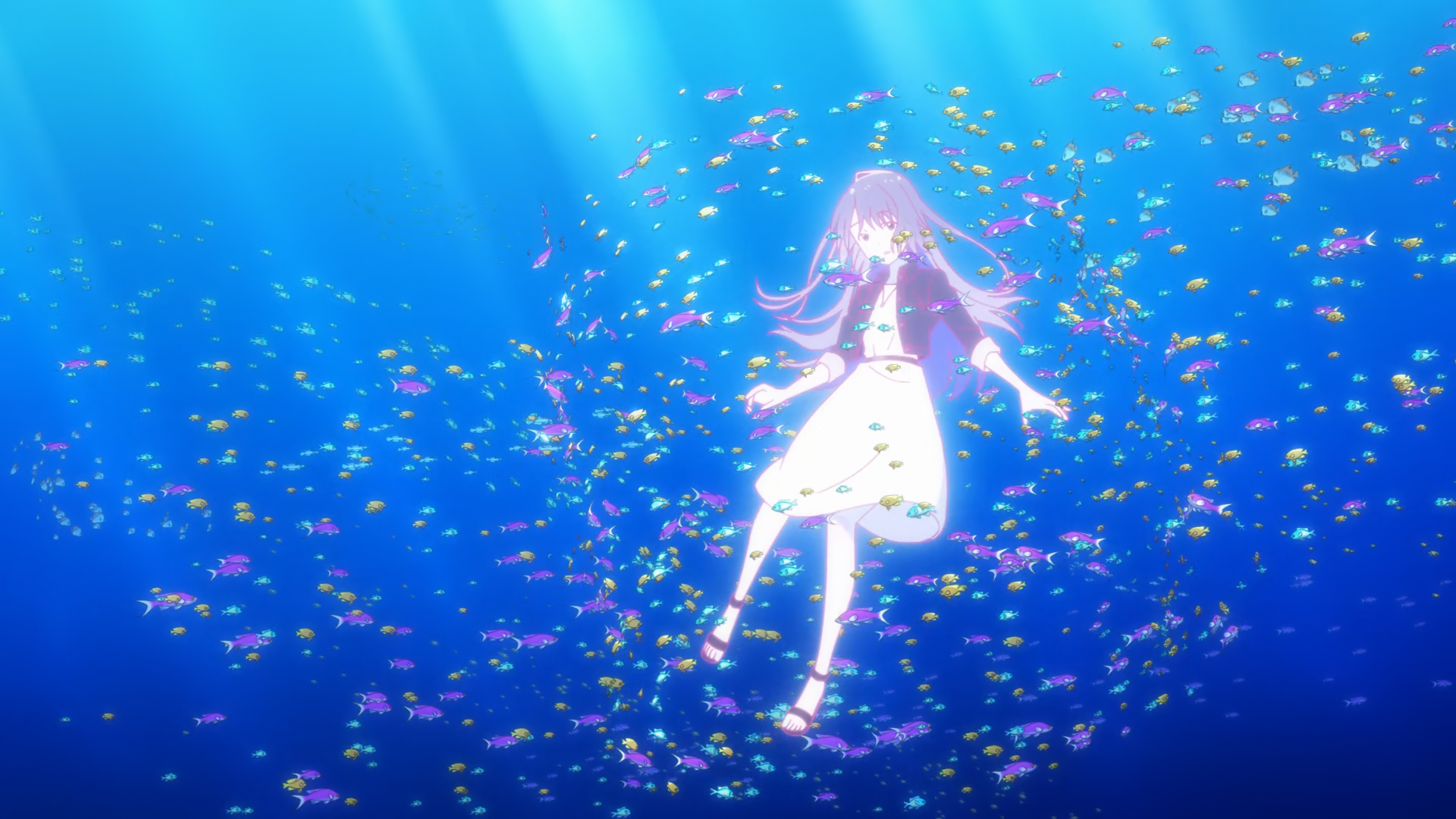 Protagonist Fuuka surrounded by fish, from The Aquatope on White Sand