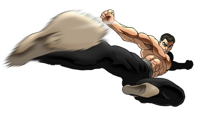 A character visual of Sea King Han, a shirtless martial artist delivering a fierce flying kick, from the upcoming Baki anime.